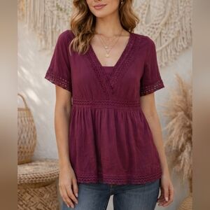 Solitaire Deep Berry Lace Trim Boho Tunic Top Rayon V-Neck Flowy Size M